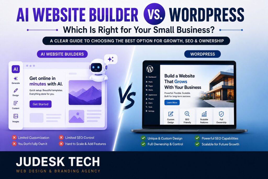 Illustration comparing an AI website builder to a custom WordPress website for small businesses