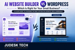 Illustration comparing an AI website builder to a custom WordPress website for small businesses