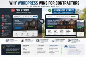 Comparison graphic showing a generic bundled CRM website next to a custom WordPress website built for contractors