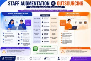Staff augmentation versus outsourcing comparison graphic for small businesses