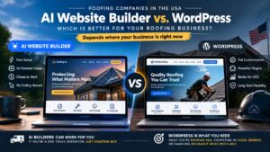 AI website builder vs. WordPress comparison graphic for roofing companies in the USA, showing feature differences between an AI-built site and a real WordPress build