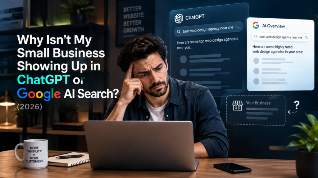 Small business owner looking concerned at a laptop while ChatGPT and Google AI Overview panels show competitor web design agencies instead of his own business